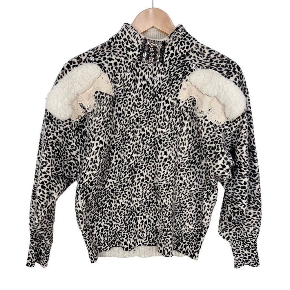 Vintage 70s / 80s Embellished Polar Bear Rhinestone Leopard Print Sweater M